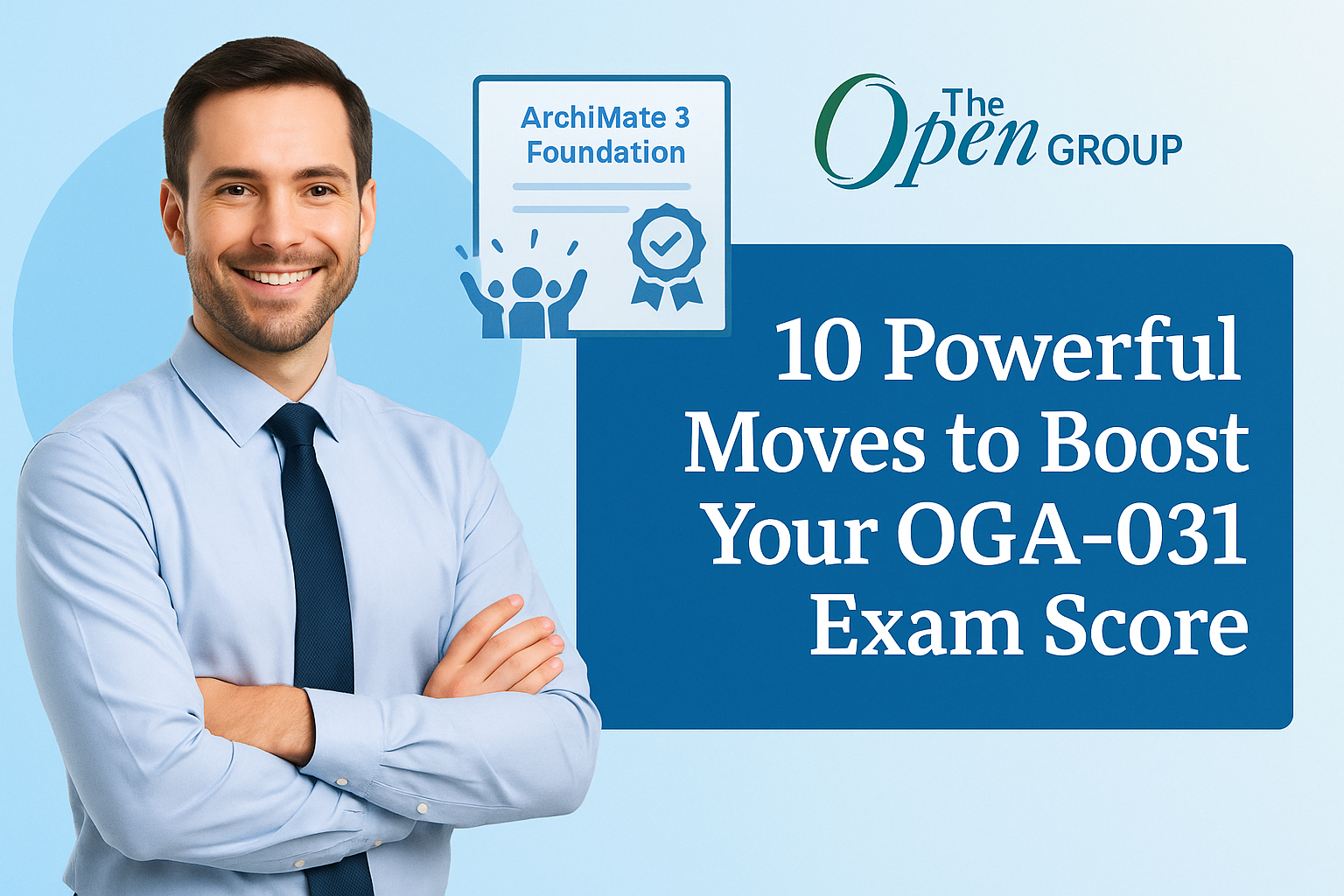 A confident professional man stands beside an ArchiMate 3 Foundation certificate illustration and a bold banner that reads "10 Powerful Moves to Boost Your OGA-031 Exam Score" with The Open Group logo.