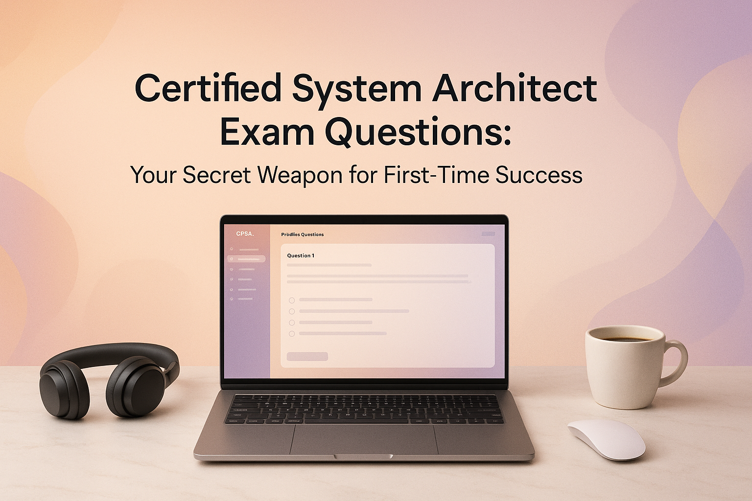 A modern workspace featuring a sleek laptop displaying CPSA practice questions, surrounded by minimalistic accessories on a marble desk, with a soft pastel gradient background and bold centered text promoting Certified System Architect exam success.