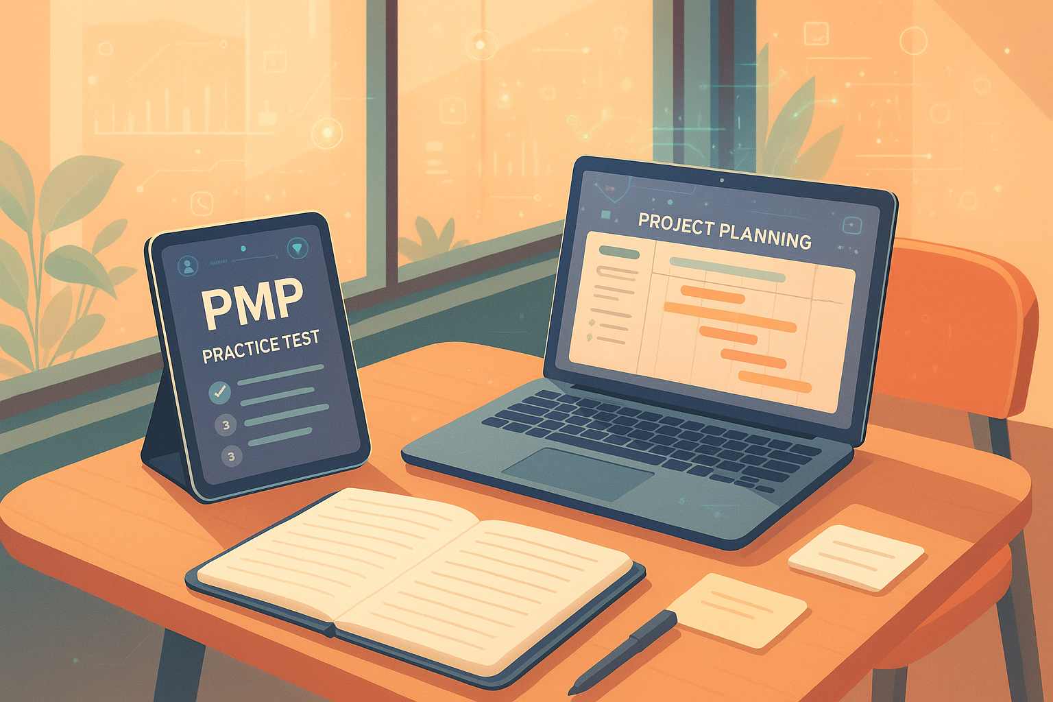 Illustration of a warm, sunlit study desk with a laptop showing a “Project Planning” Gantt chart, a tablet displaying “PMP Practice Test,” an open notebook, pen, and sticky notes, representing organized PMP exam preparation.
