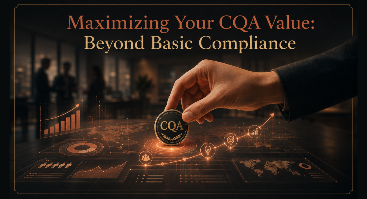 A hand placing a CQA certification badge onto a holographic dashboard, symbolizing the strategic value and impact of the ASQ CQA credential in quality management.