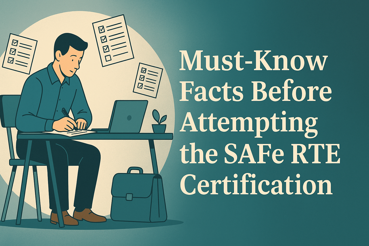 A professional learner preparing for the SAFe RTE certification at a desk with floating mock exam sheets, office bag beside, and the title 'Must-Know Facts Before Attempting the SAFe RTE Certification' in bold on the right.