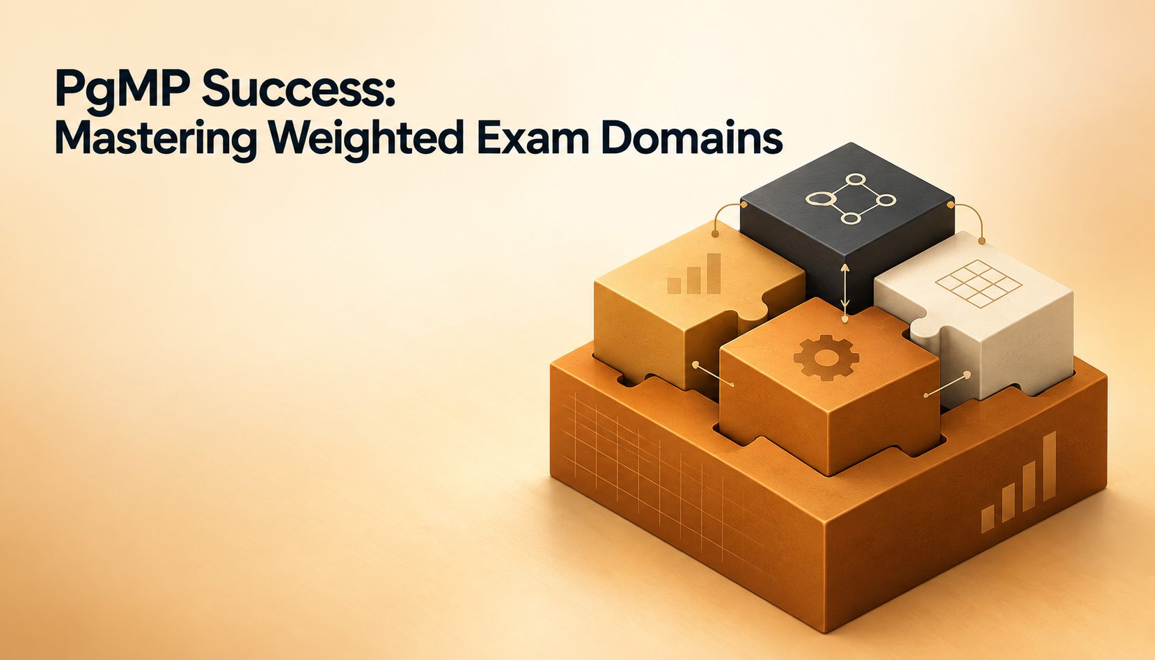 An abstract 3D illustration depicts five interlocking blocks of varying sizes, visually representing the weighted domains of the PMI PgMP exam syllabus.