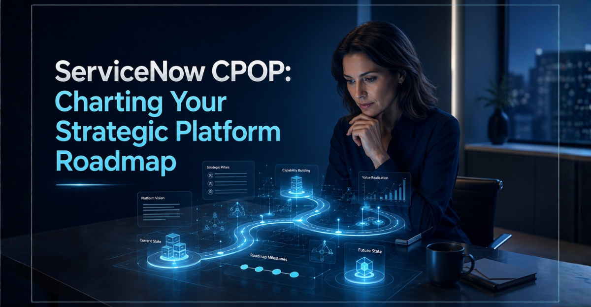 An adult woman strategically planning a ServiceNow platform roadmap on a holographic display, representing the foresight and leadership validated by the ServiceNow CPOP certification.