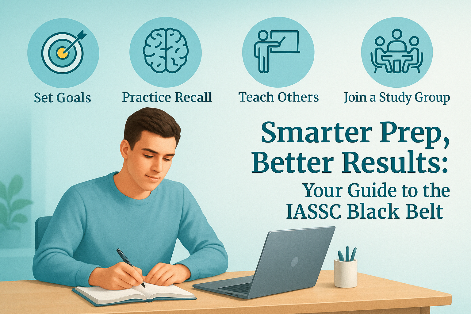 Realistic image of a student studying at a desk, surrounded by circular icons with headline text Smarter Prep, Better Results Your Guide to the IASSC Black Belt.