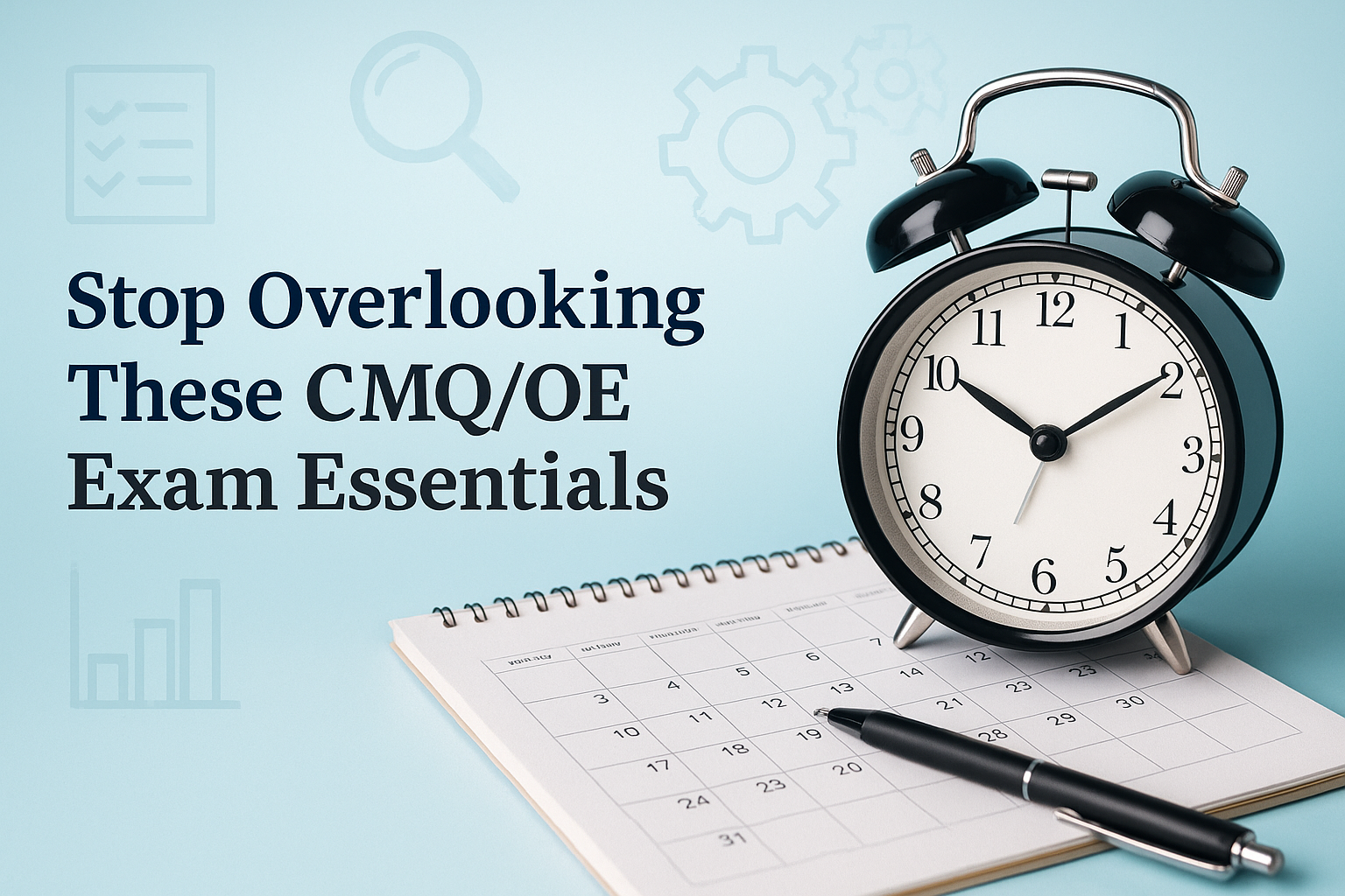 A professional banner image showing a black vintage alarm clock and calendar on the right, with the text &ldquo;Stop Overlooking These CMQ/OE Exam Essentials&rdquo; on the left over a light blue background with subtle quality management icons.