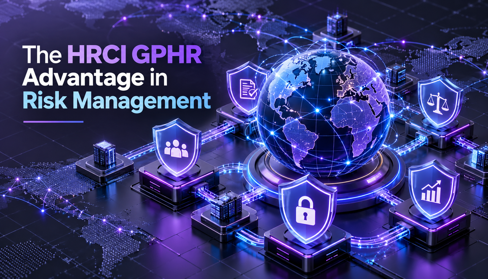 A 3D render of interconnected, glowing geometric shields around a stylized globe, symbolizing HRCI GPHR expertise in global HR risk management and compliance.