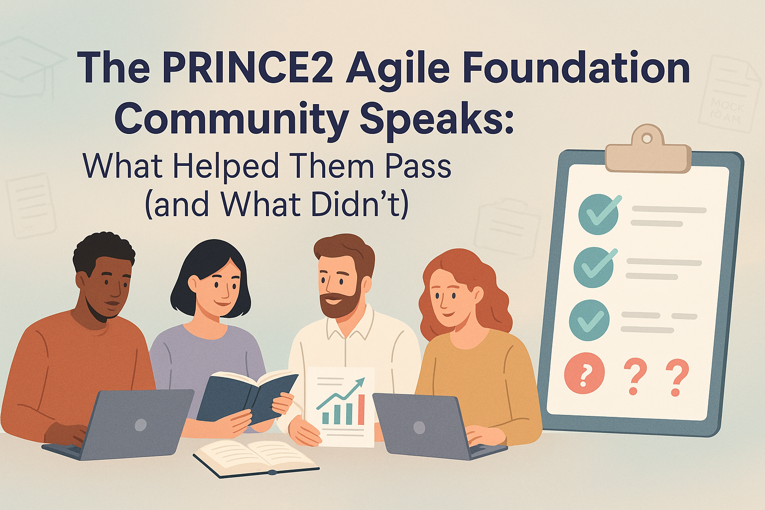 Banner with pastel gradient background showing diverse professionals studying, a clipboard with checkmarks and question marks, subtle exam-themed icons, and the title &ldquo;The PRINCE2 Agile Foundation Community Speaks&rdquo; in bold dark navy font.