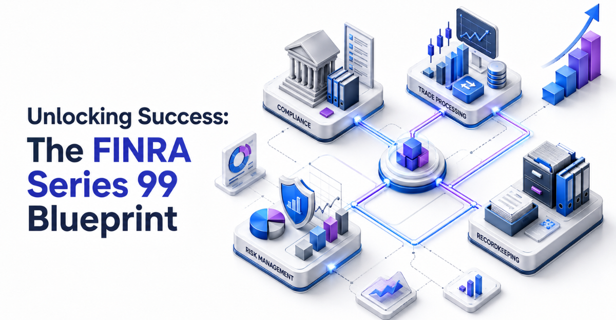 An isometric 3D illustration depicting a conceptual blueprint of interconnected financial operations processes, symbolizing the structured knowledge gained from the FINRA Series 99.